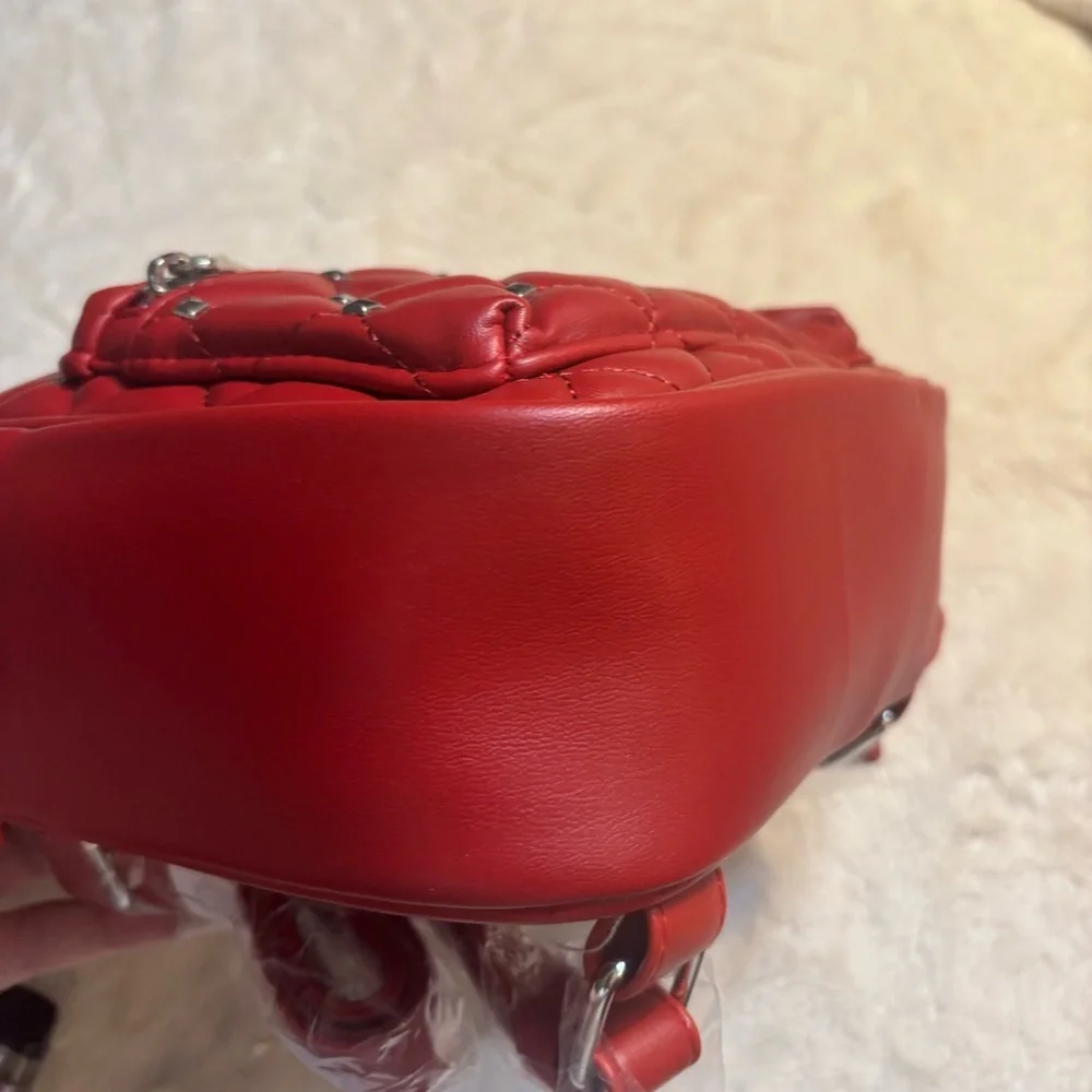 NWT Badgley Mischka Mini Backpack Red Quilted Silver Studded Vegan Leather New